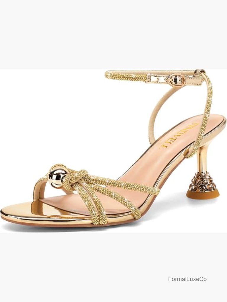 Kitten Heels Rhinestone Pearl Low Heel Sandals Strappy Sparkly Round Open Toe